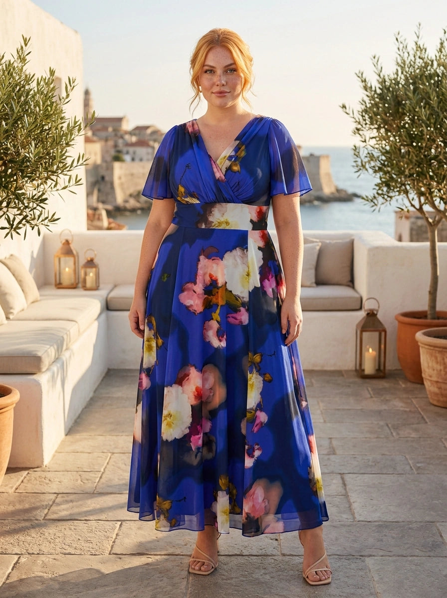 Lifestyle view Royal Abstract Floral Isabelle Float Sleeve Maxi Dress for Wedding Guests, Sizes 12–32