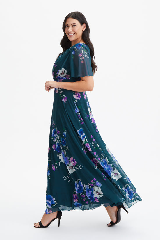 Isabelle Teal Blue Multi Float Sleeve Maxi Dress