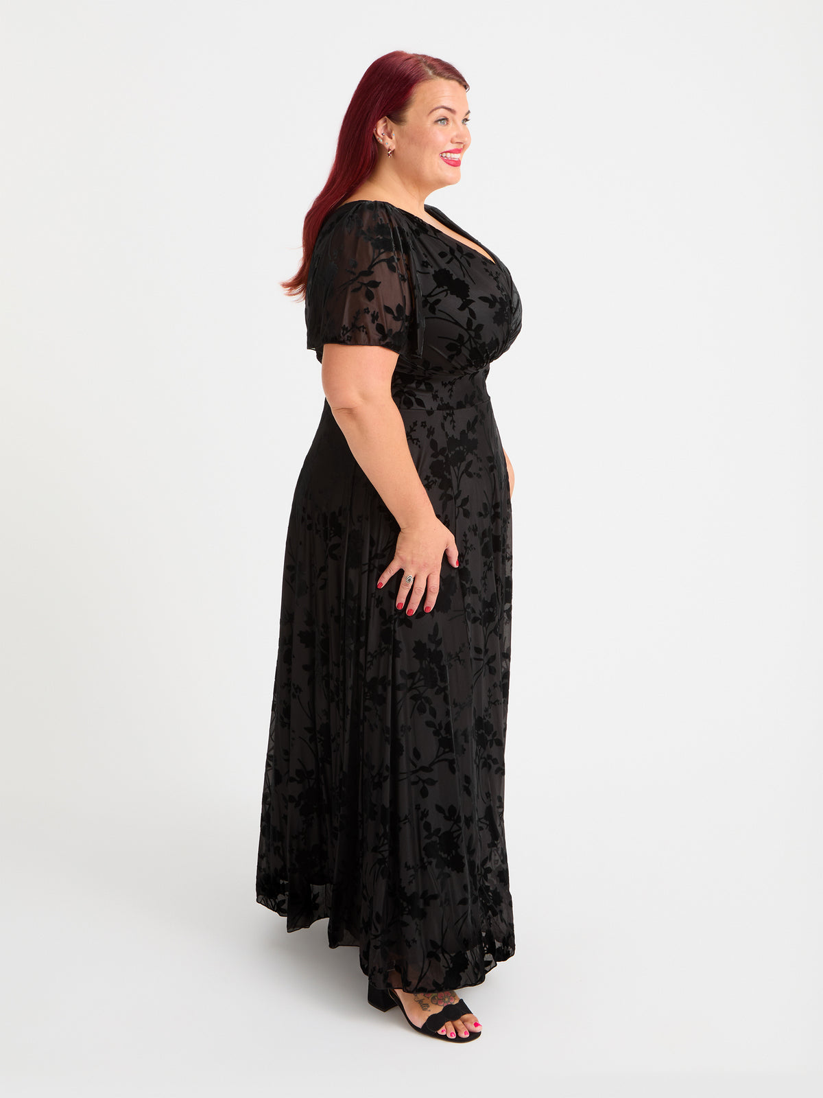 Petite Isabelle Vintage Black Devore Float Sleeve Maxi Dress