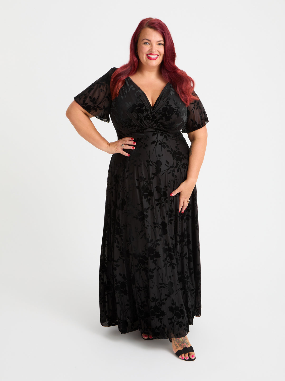 Petite Isabelle Vintage Black Devore Float Sleeve Maxi Dress
