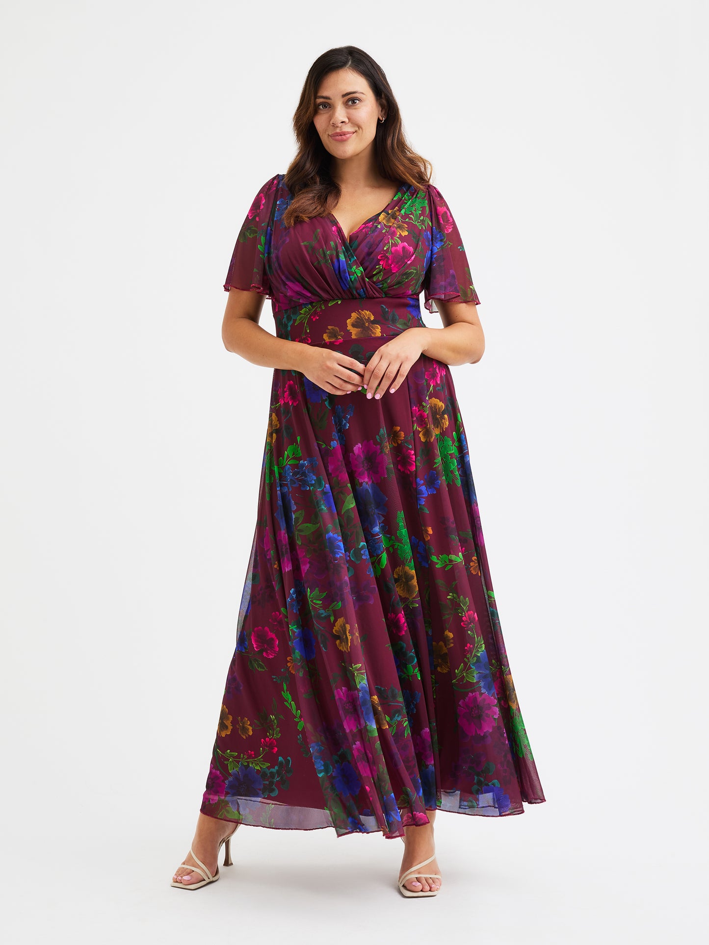 Isabelle Vintage Wine Floral Float Sleeve Maxi Dress