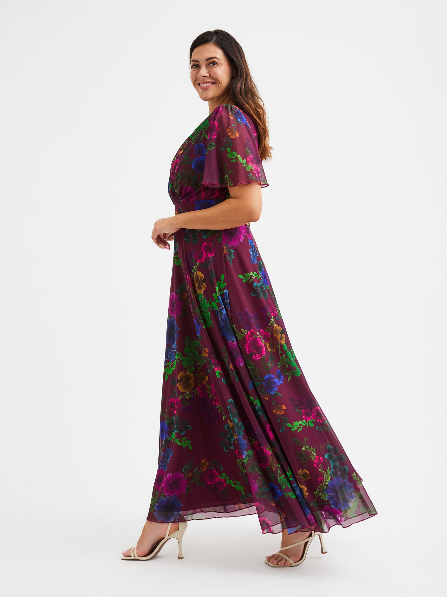 Isabelle Vintage Wine Floral Float Sleeve Maxi Dress