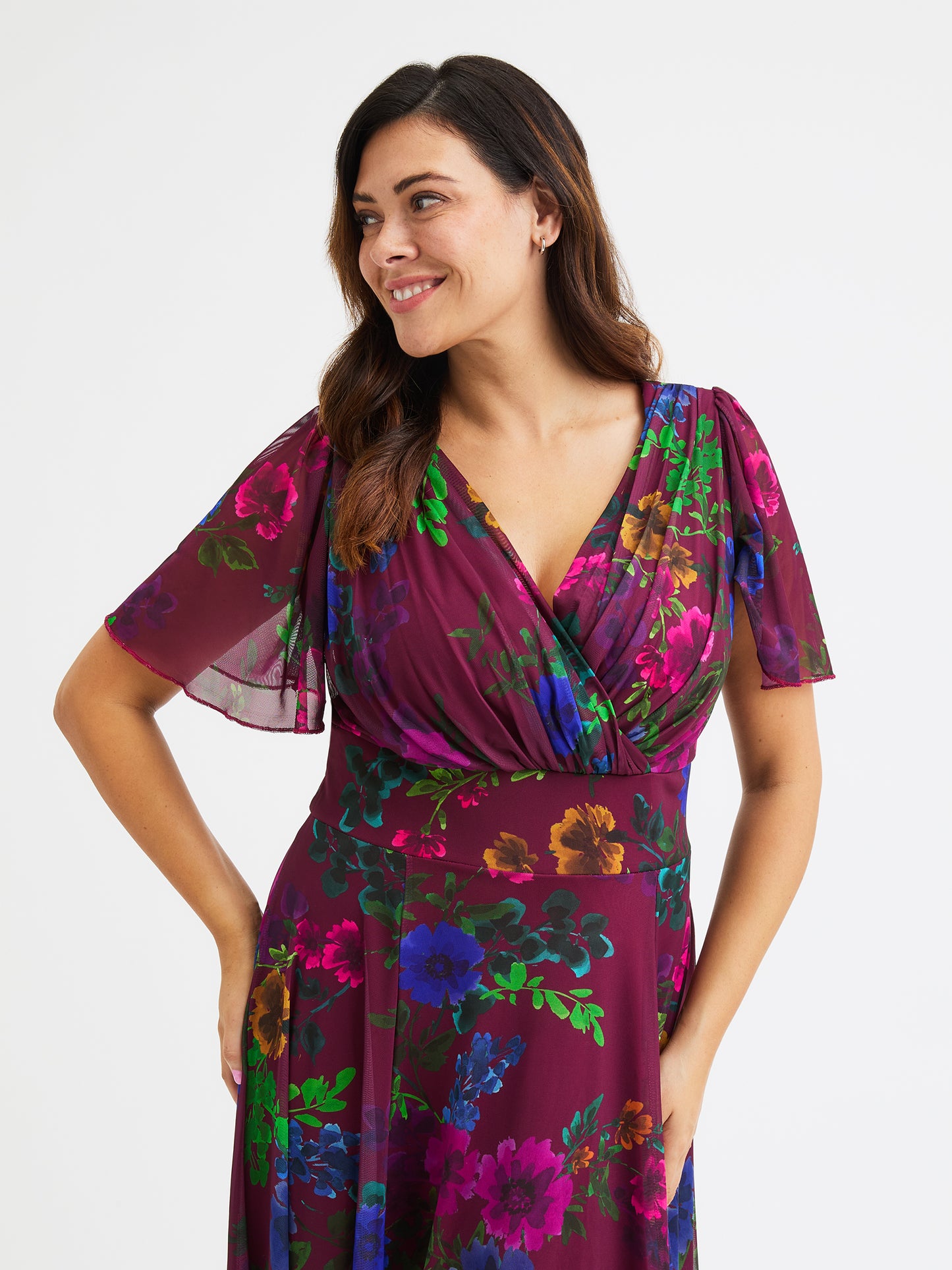 Isabelle Vintage Wine Floral Float Sleeve Maxi Dress