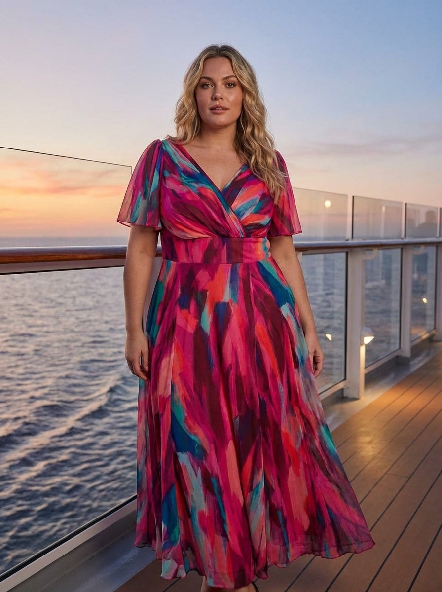 Isabelle Winter Pink Print Float Sleeve Maxi Dress