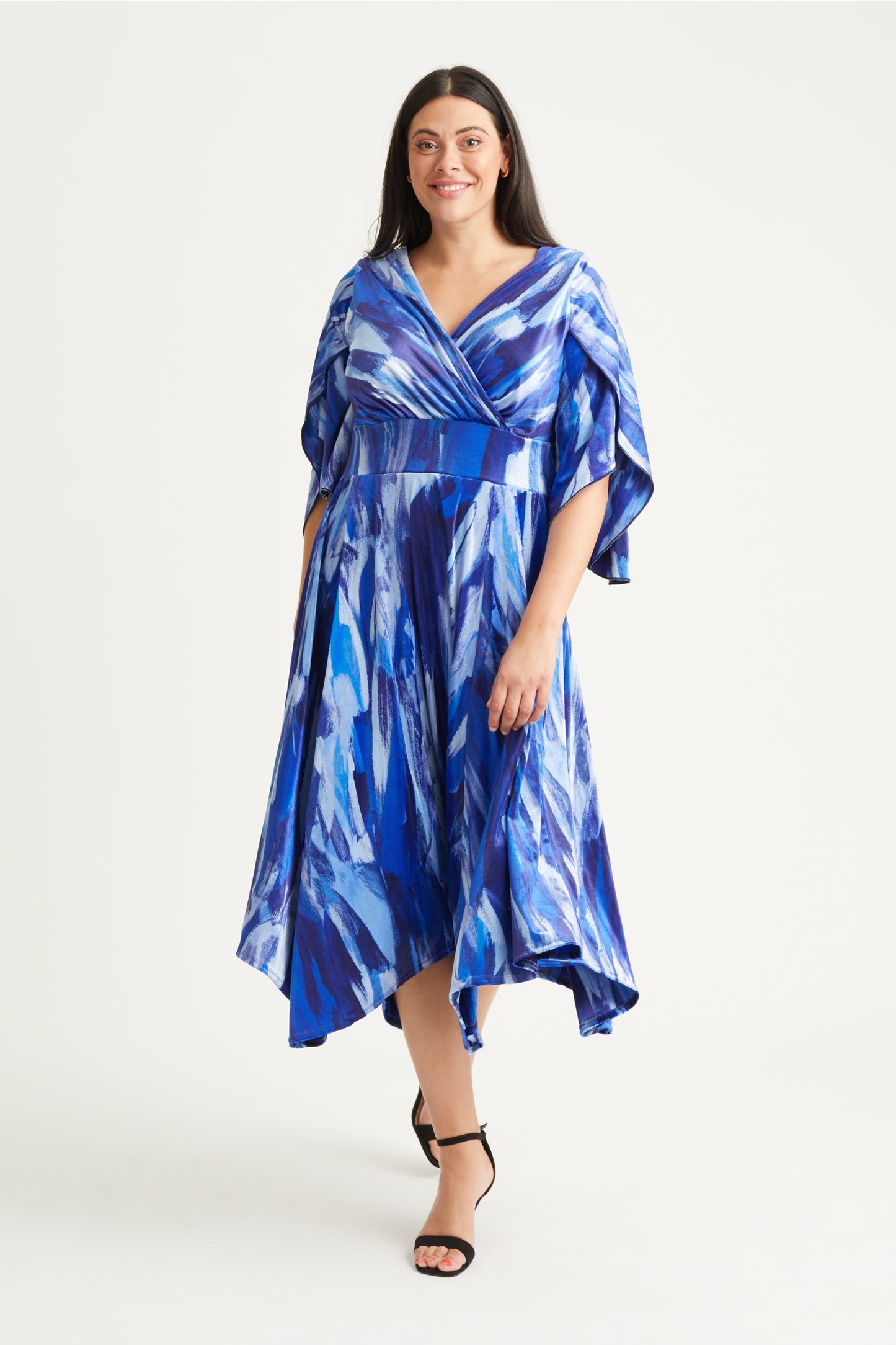 Soraya Blue Velvet Hanky Hem Kimono Dress