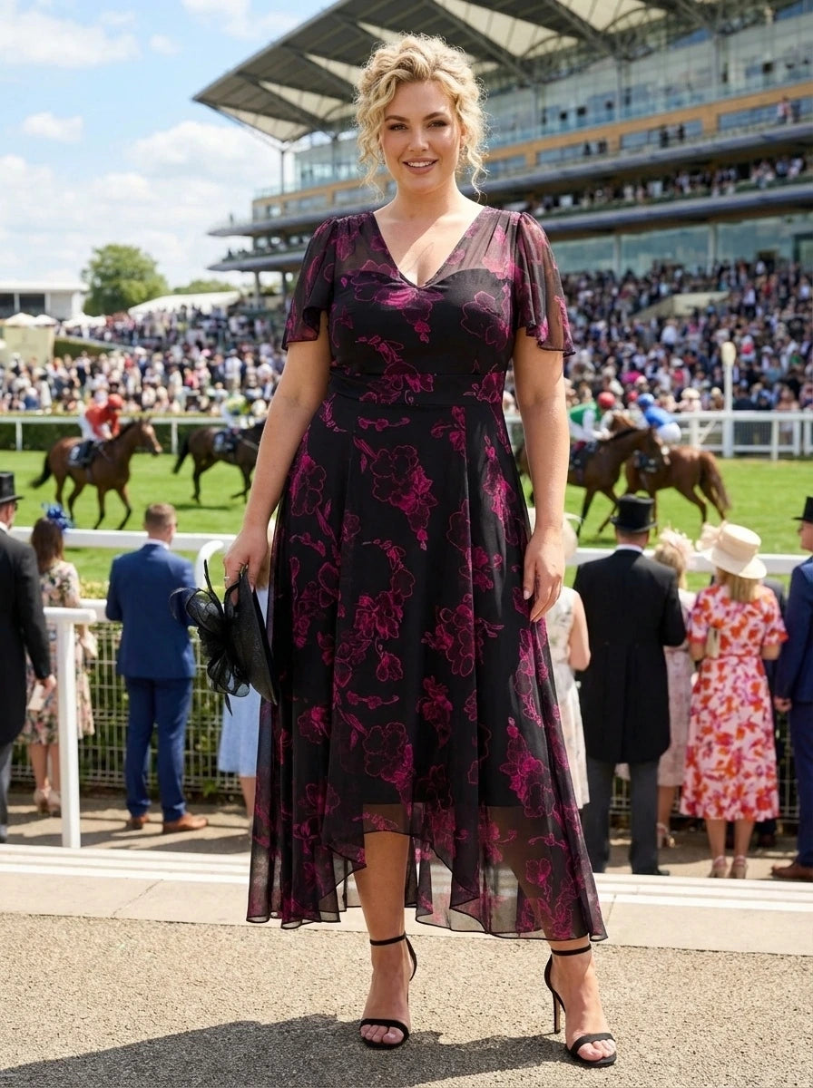 Tilly Black Magenta Angel Sleeve Sweetheart Dress