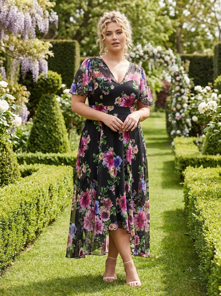 Tilly Black Pink Print Angel Sleeve Sweetheart Dress