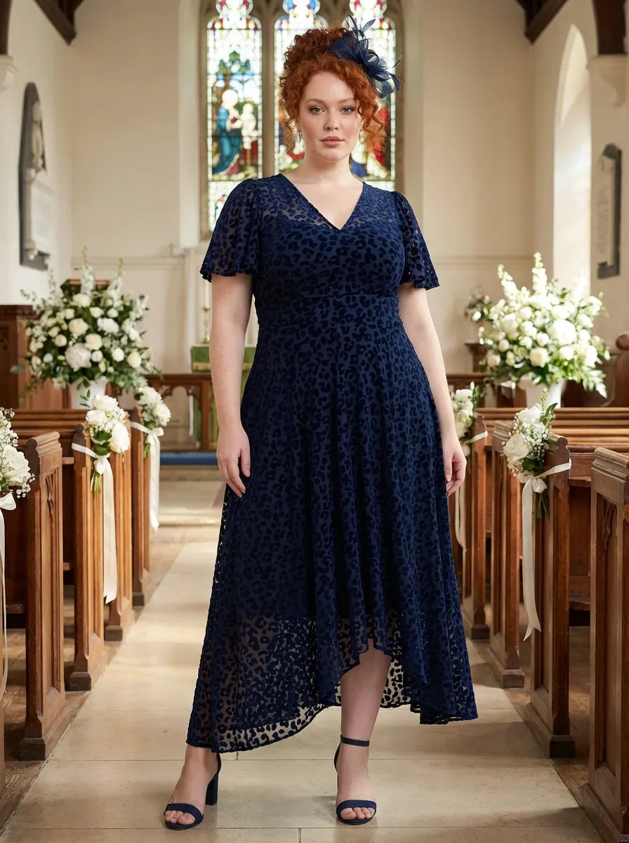 Petite Tilly Navy Cheetah Flock Angel Sleeve Sweetheart Dress