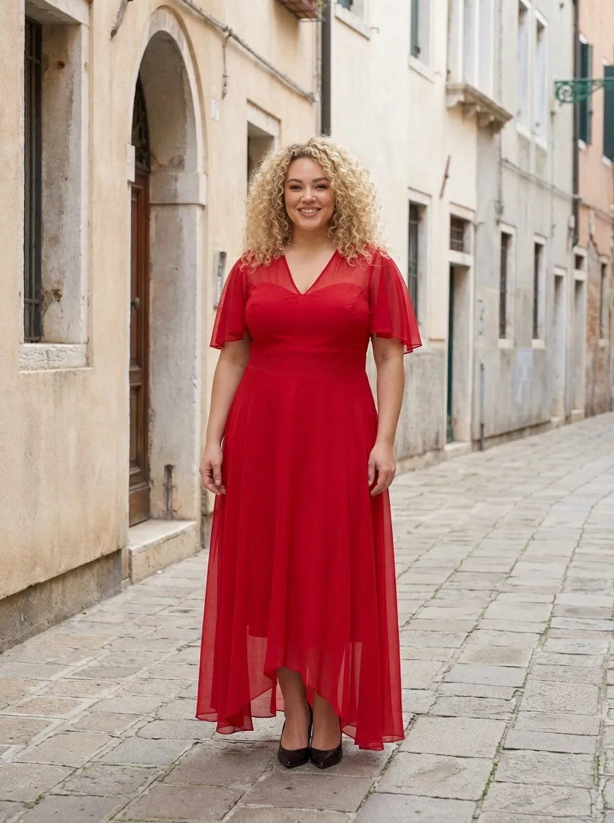 Petite Tilly Solid Red Angel Sleeve Sweetheart Dress