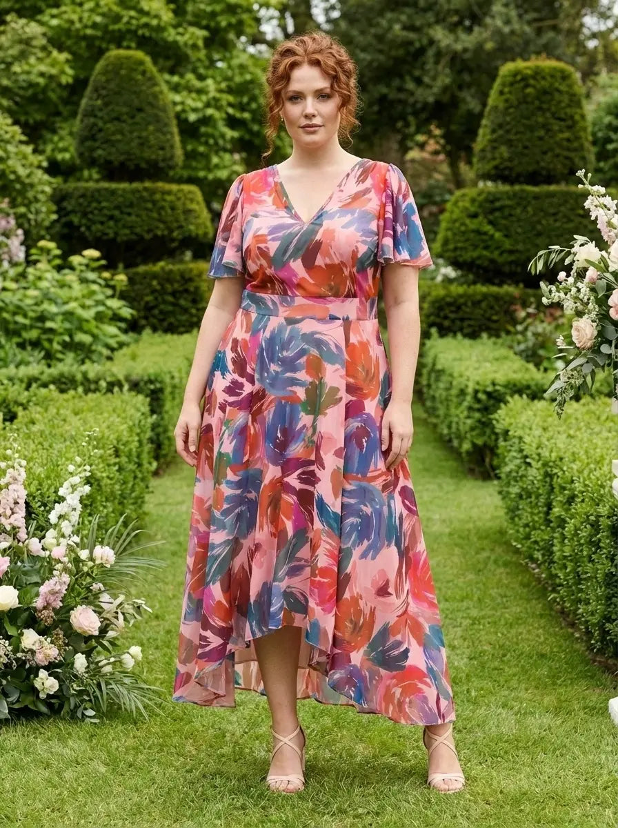 Tilly Peach Multi Angel Sleeve Sweetheart Dress