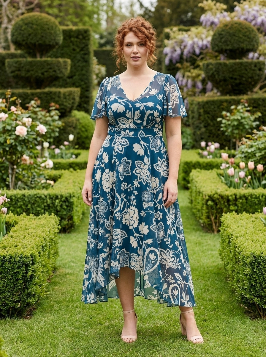 Tilly Teal Cream Angel Sleeve Sweetheart Dress