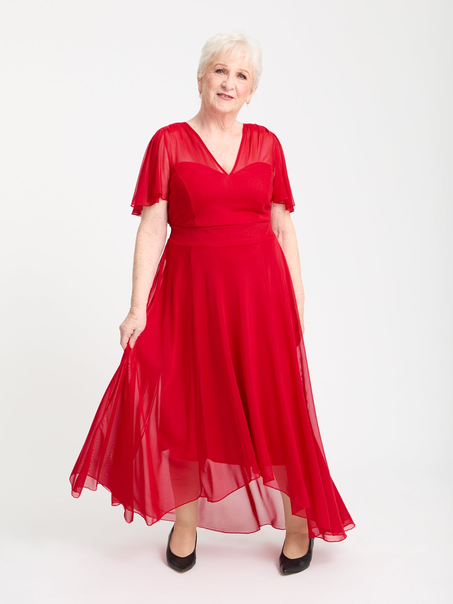 Petite Tilly Solid Red Angel Sleeve Sweetheart Dress