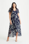 Tilly Navy Ivory Print Angel Sleeve Sweetheart Dress