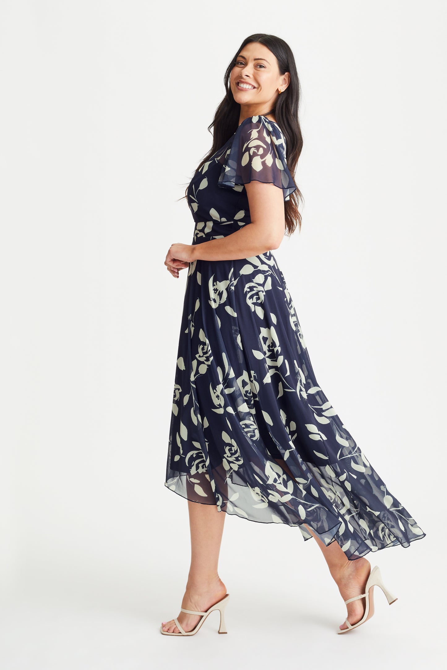 Tilly Navy Ivory Print Angel Sleeve Sweetheart Dress – Scarlett & Jo