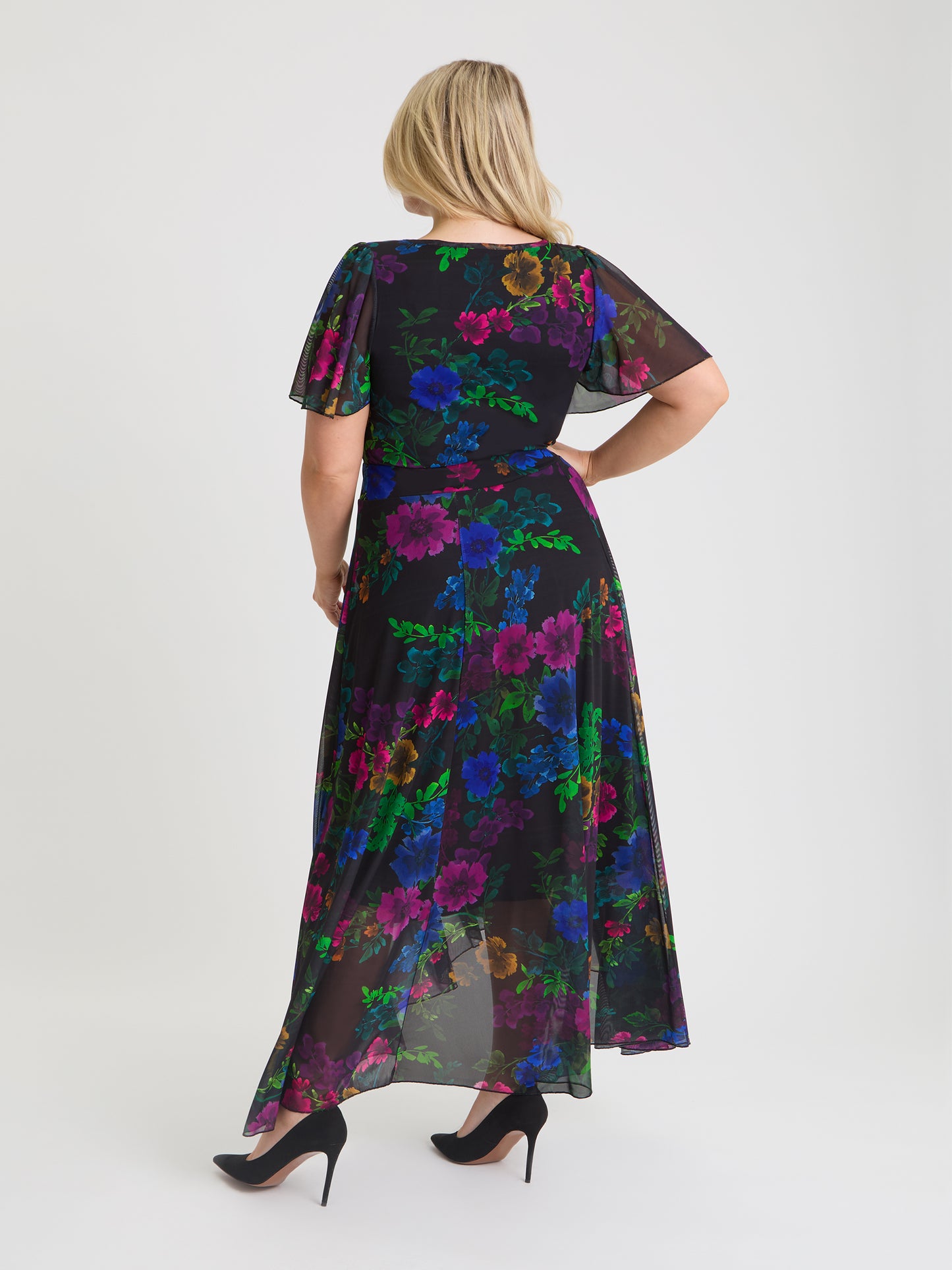 Tilly Black Wild Flowers Angel Sleeve Sweetheart Dress