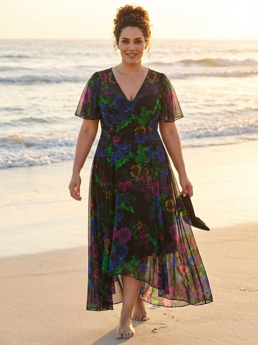 Tilly Black Wild Flowers Angel Sleeve Sweetheart Dress