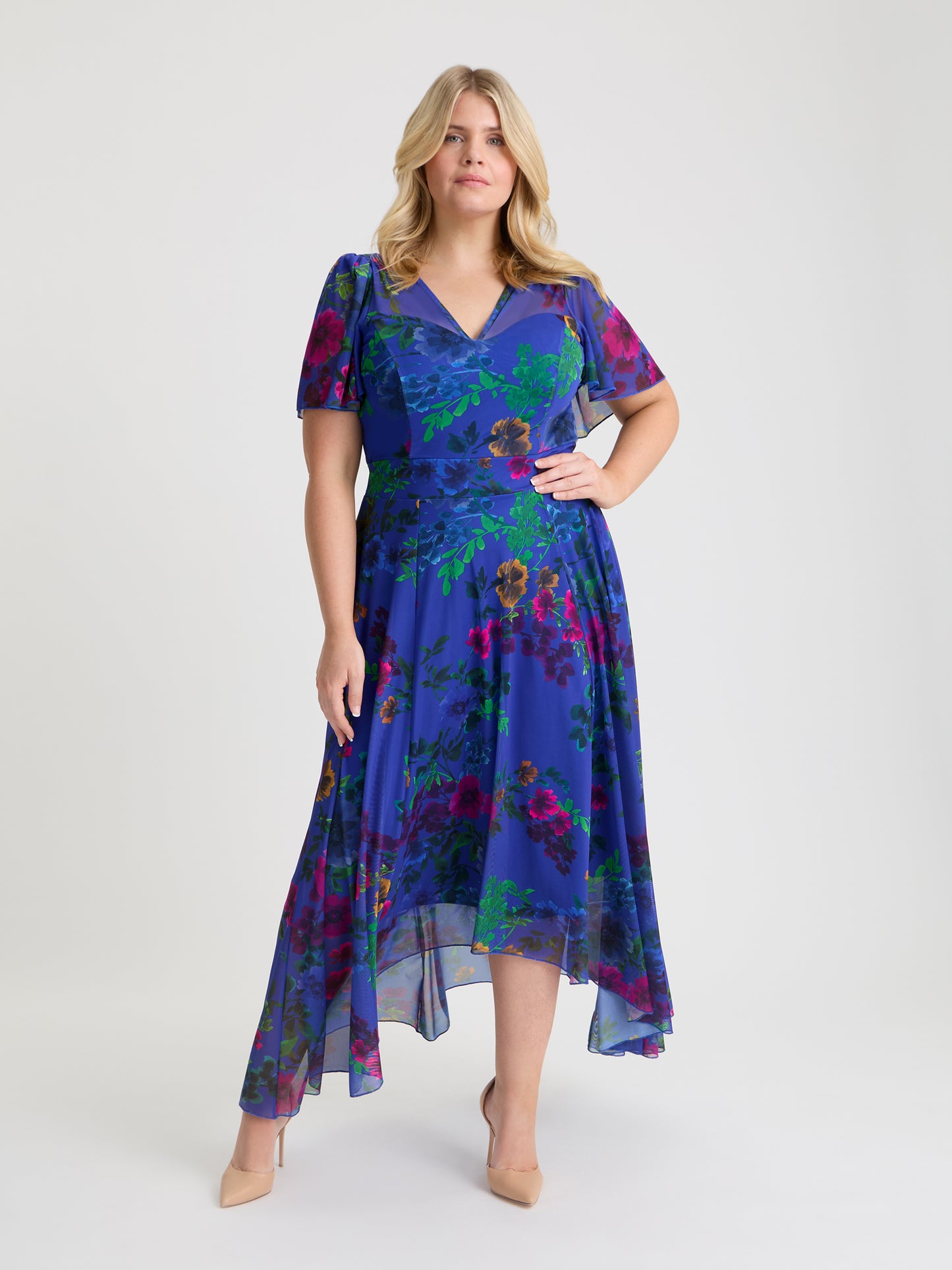 Tilly Blue Wild Flowers Angel Sleeve Sweetheart Dress