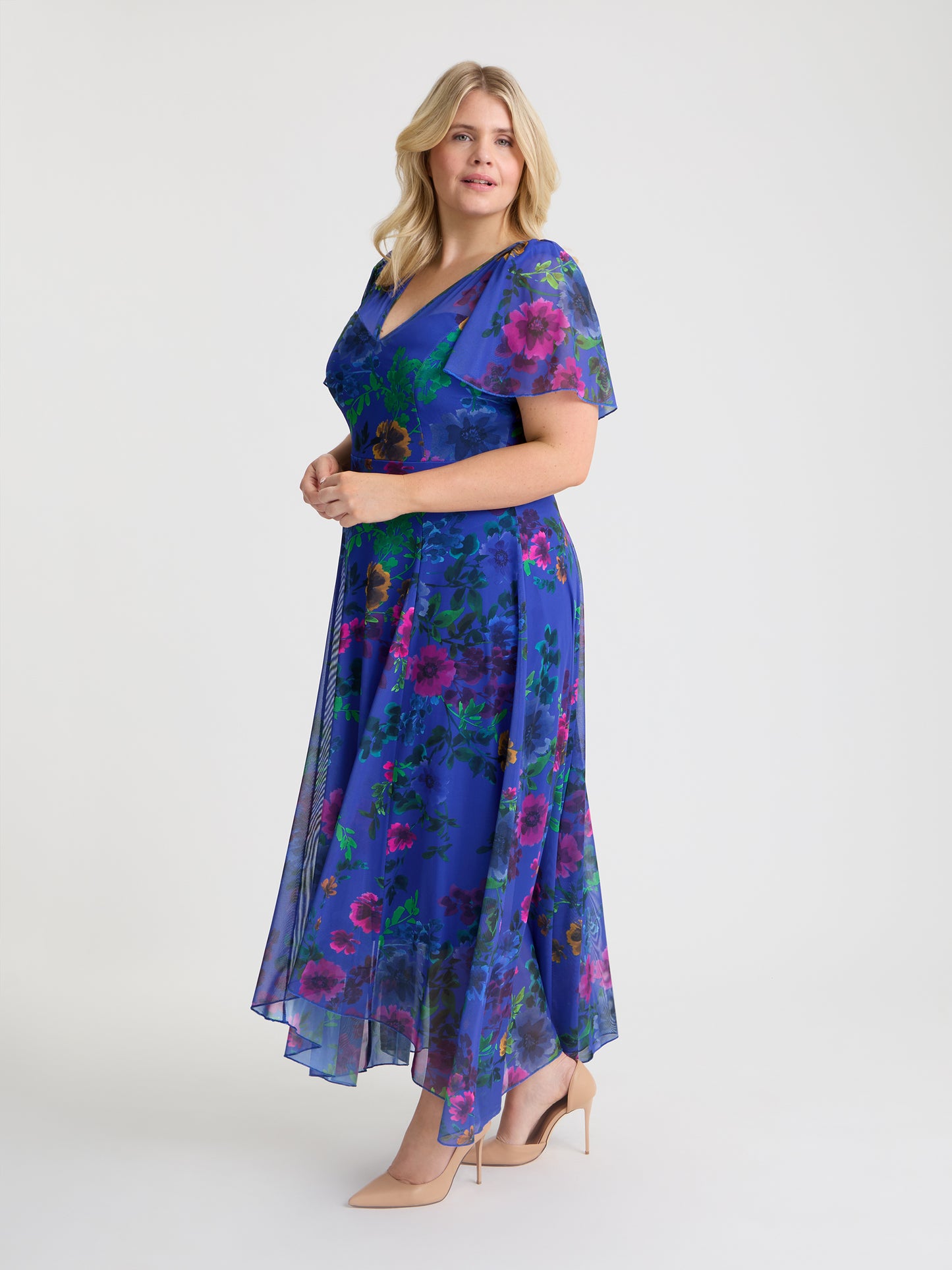 Tilly Blue Wild Flowers Angel Sleeve Sweetheart Dress