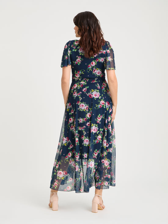 Tilly Navy Pink Angel Sleeve Sweetheart Dress