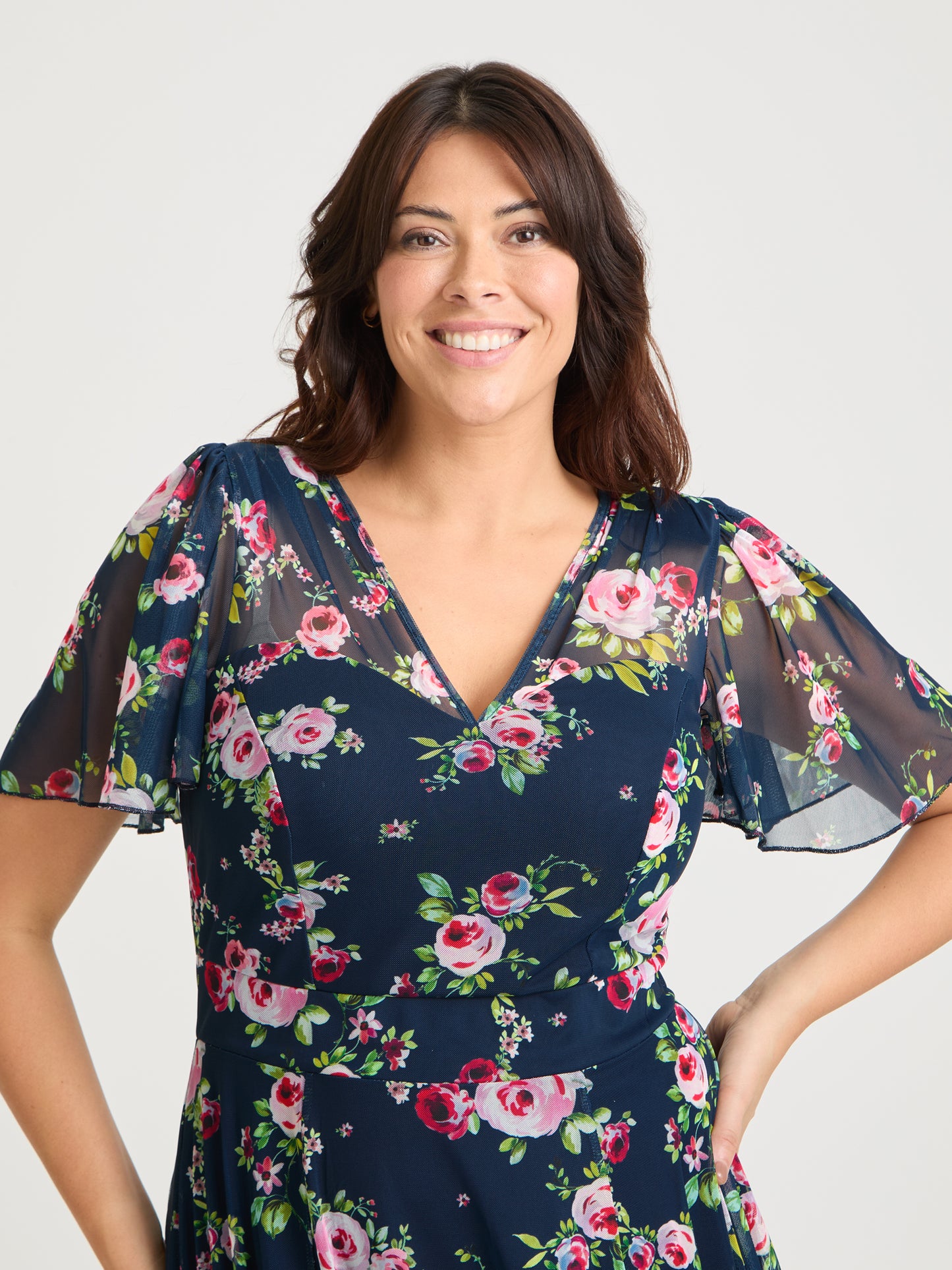 Tilly Navy Pink Angel Sleeve Sweetheart Dress