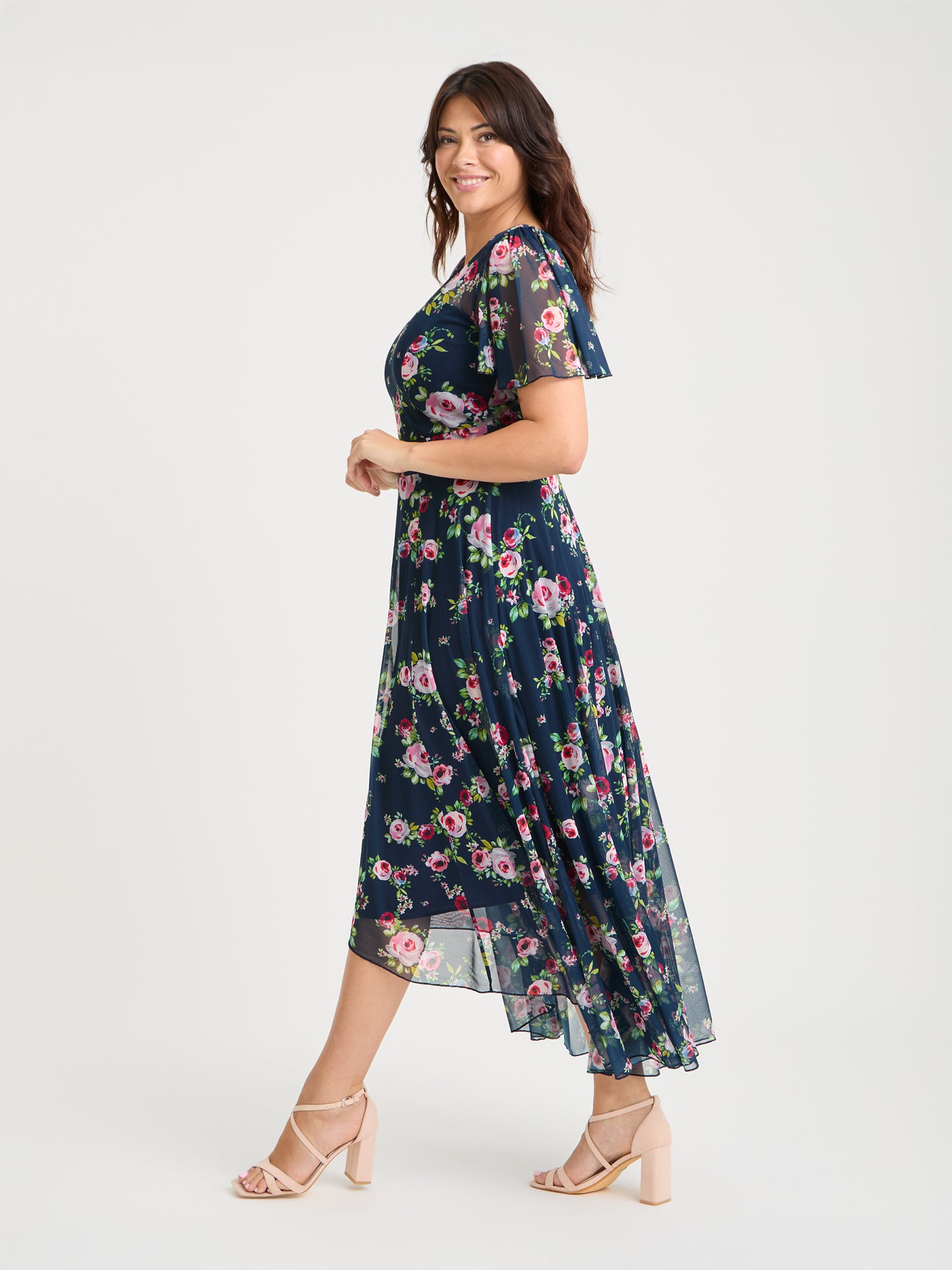 Tilly Navy Pink Angel Sleeve Sweetheart Dress