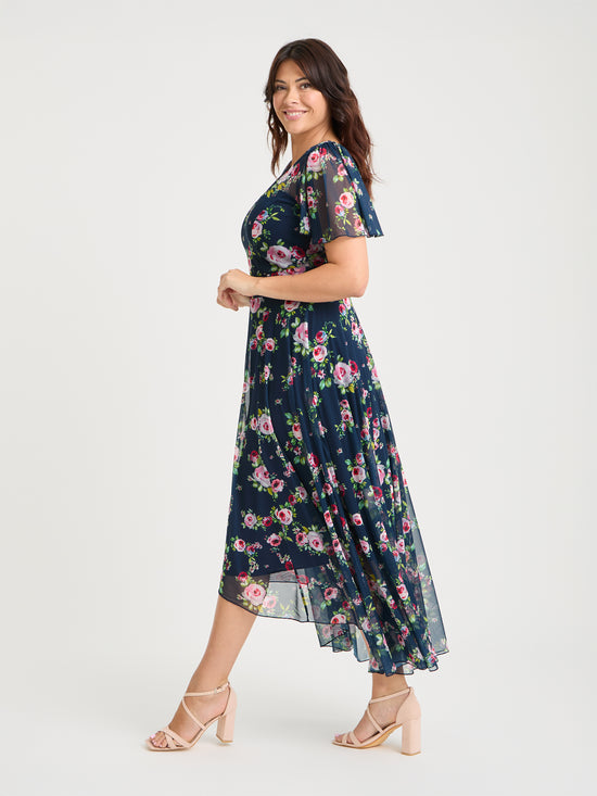 Tilly Navy Pink Angel Sleeve Sweetheart Dress