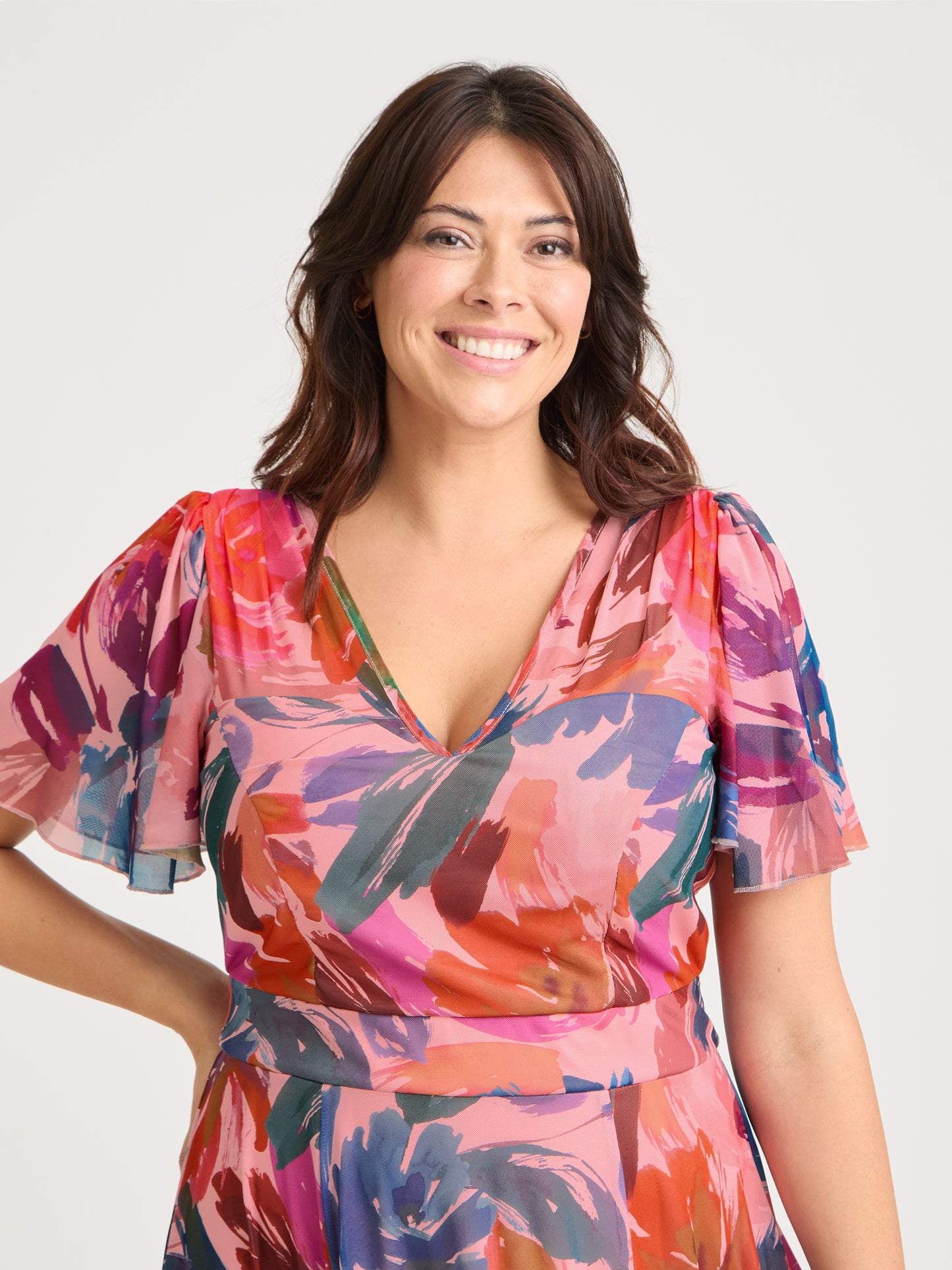 Tilly Peach Multi Angel Sleeve Sweetheart Dress