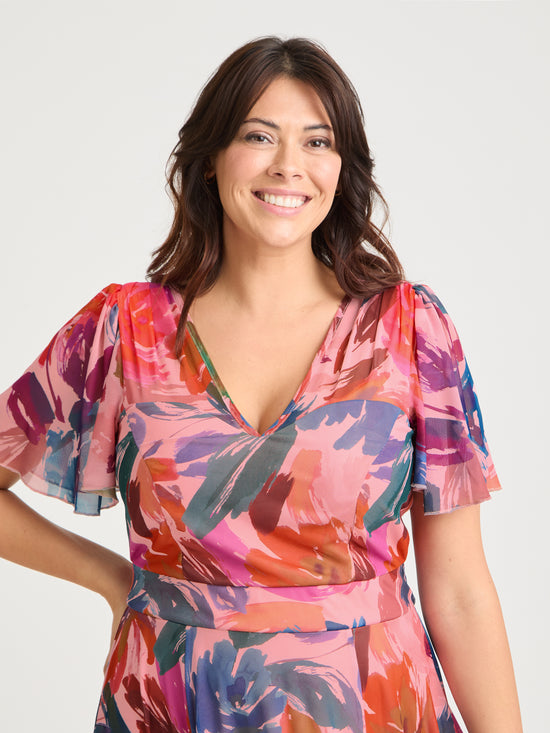 Tilly Peach Multi Angel Sleeve Sweetheart Dress