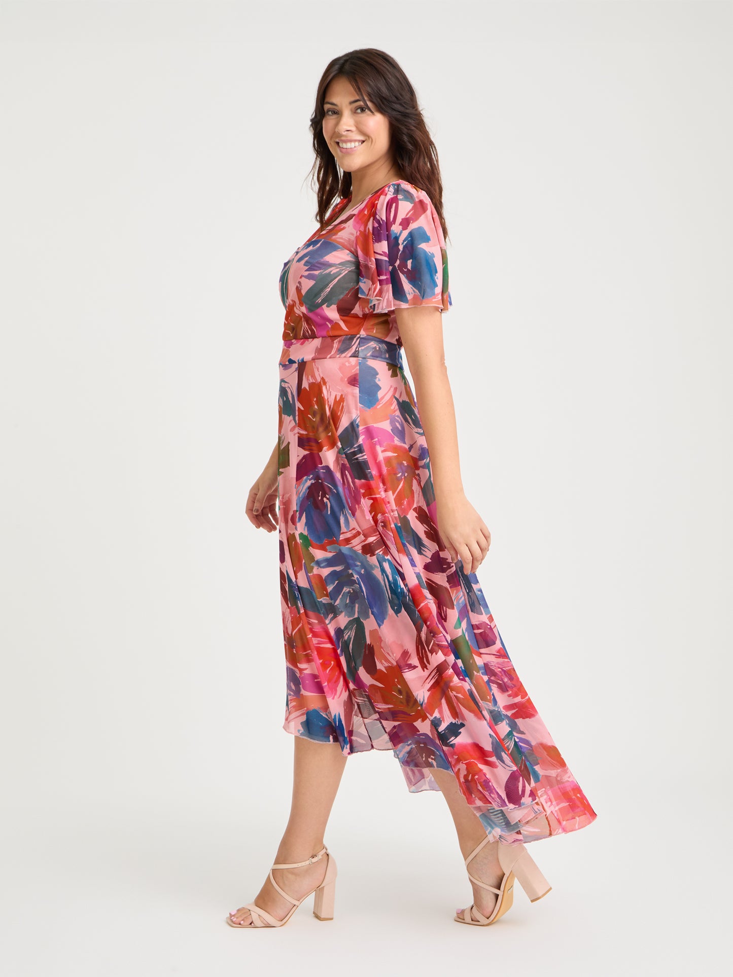 Tilly Peach Multi Angel Sleeve Sweetheart Dress