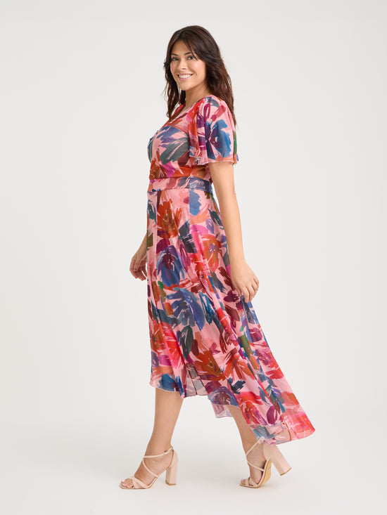 Tilly Peach Multi Angel Sleeve Sweetheart Dress