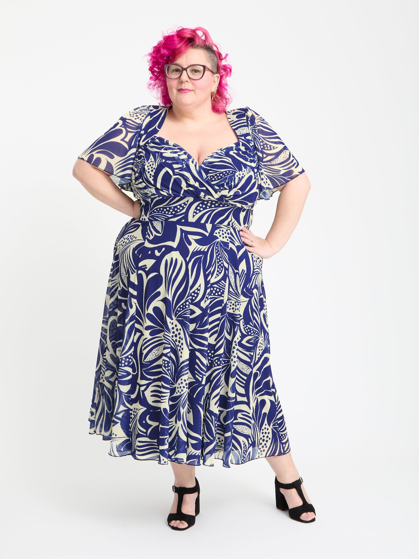 Petite Liz Navy Ivory Swirl Bolero Wrap Bodice Midi Dress