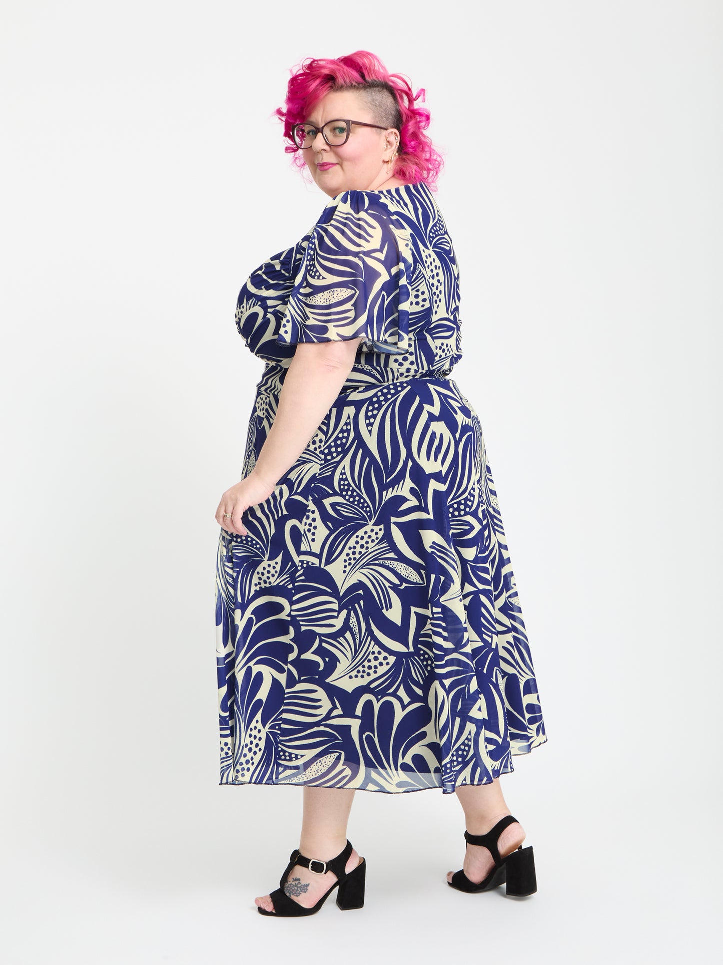 Petite Liz Navy Ivory Swirl Bolero Wrap Bodice Midi Dress