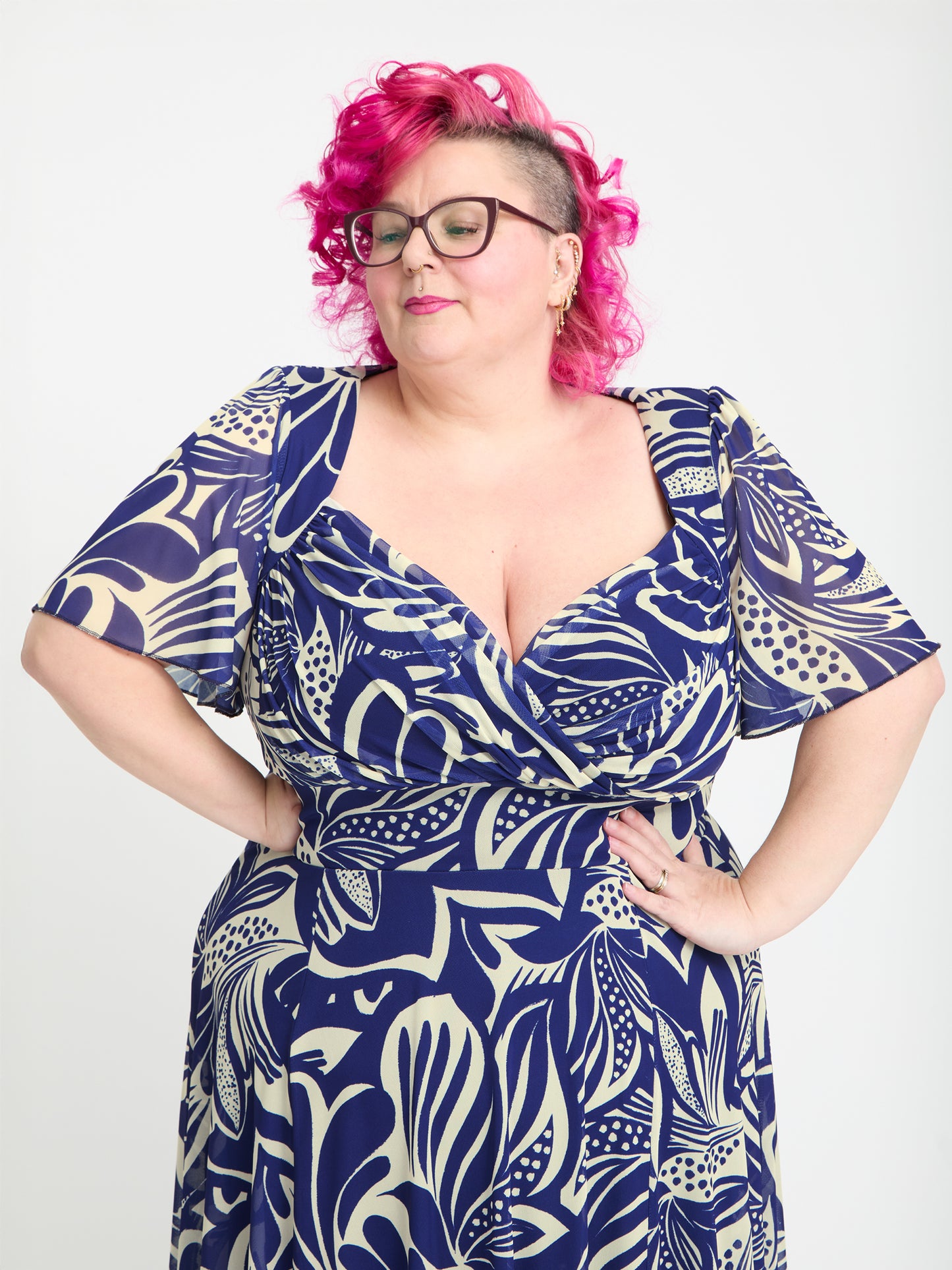 Petite Liz Navy Ivory Swirl Bolero Wrap Bodice Midi Dress