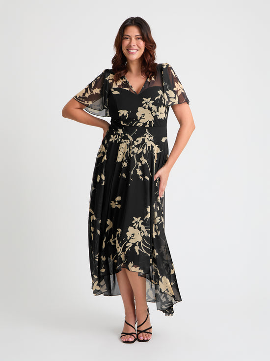 Tilly Black Cream Angel Sleeve Sweetheart Dress