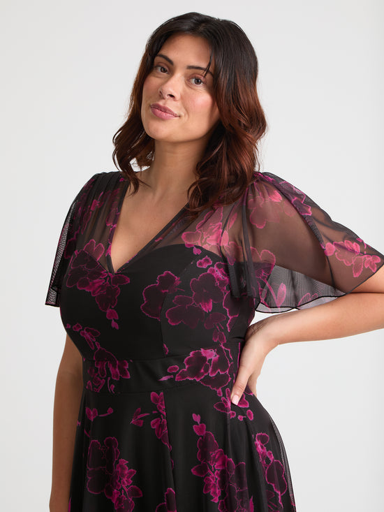 Tilly Black Magenta Angel Sleeve Sweetheart Dress