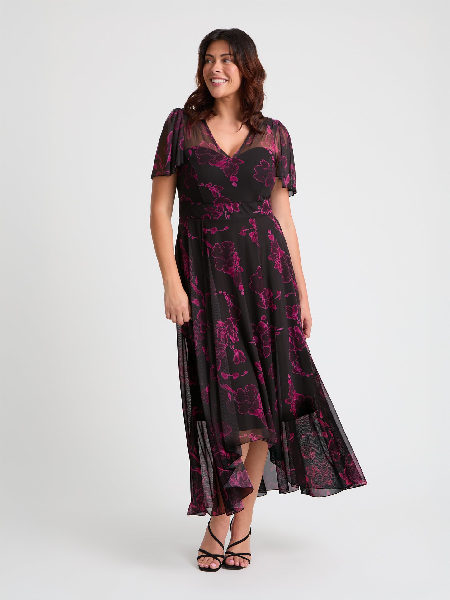 Tilly Black Magenta Angel Sleeve Sweetheart Dress