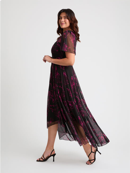 Tilly Black Magenta Angel Sleeve Sweetheart Dress