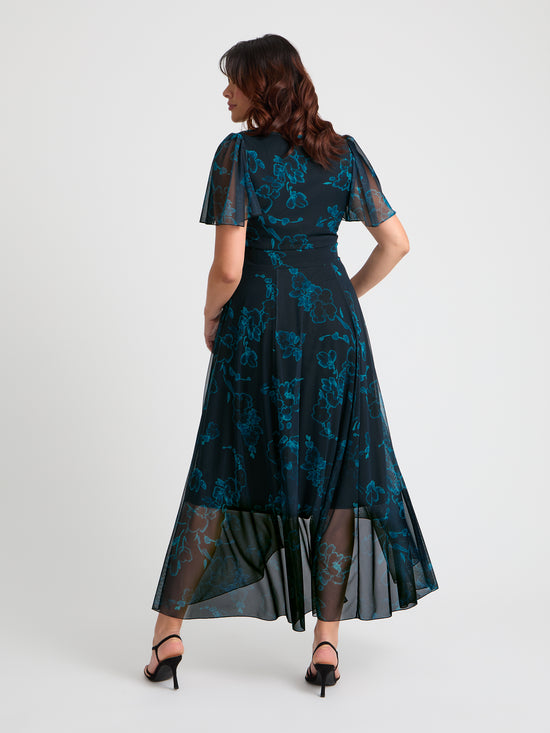 Tilly Black Teal Angel Sleeve Sweetheart Dress