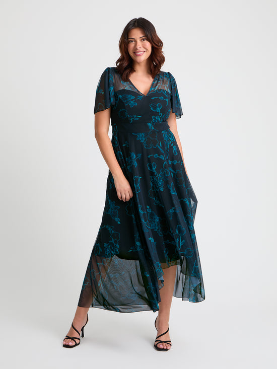 Tilly Black Teal Angel Sleeve Sweetheart Dress