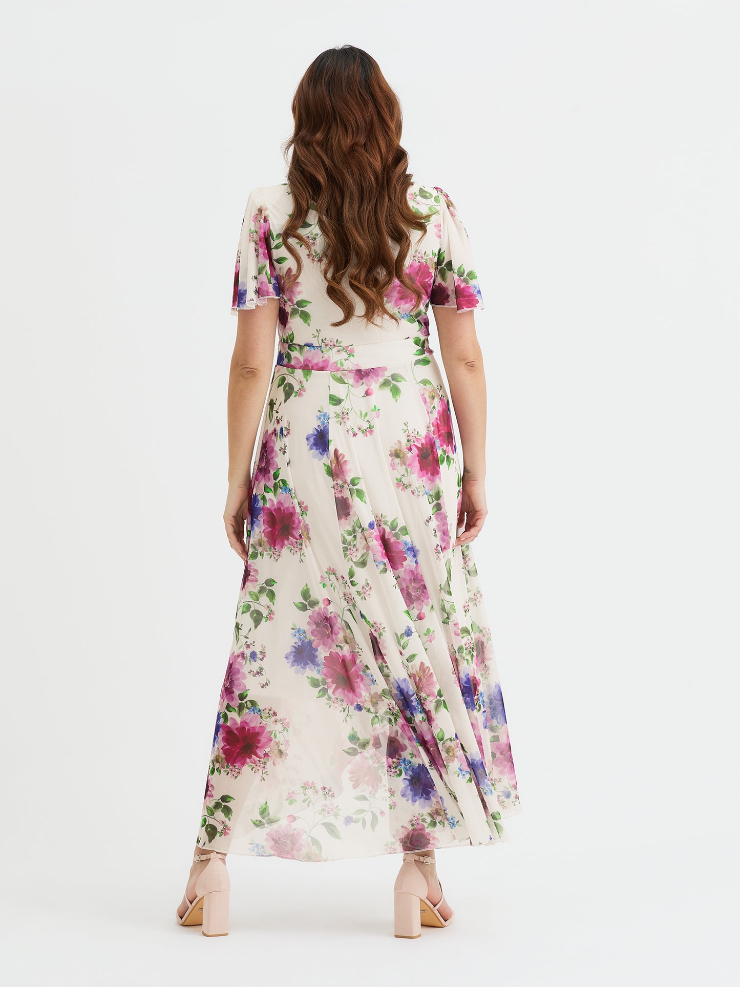 Tilly Cream Pink Multi Print Angel Sleeve Sweetheart Dress