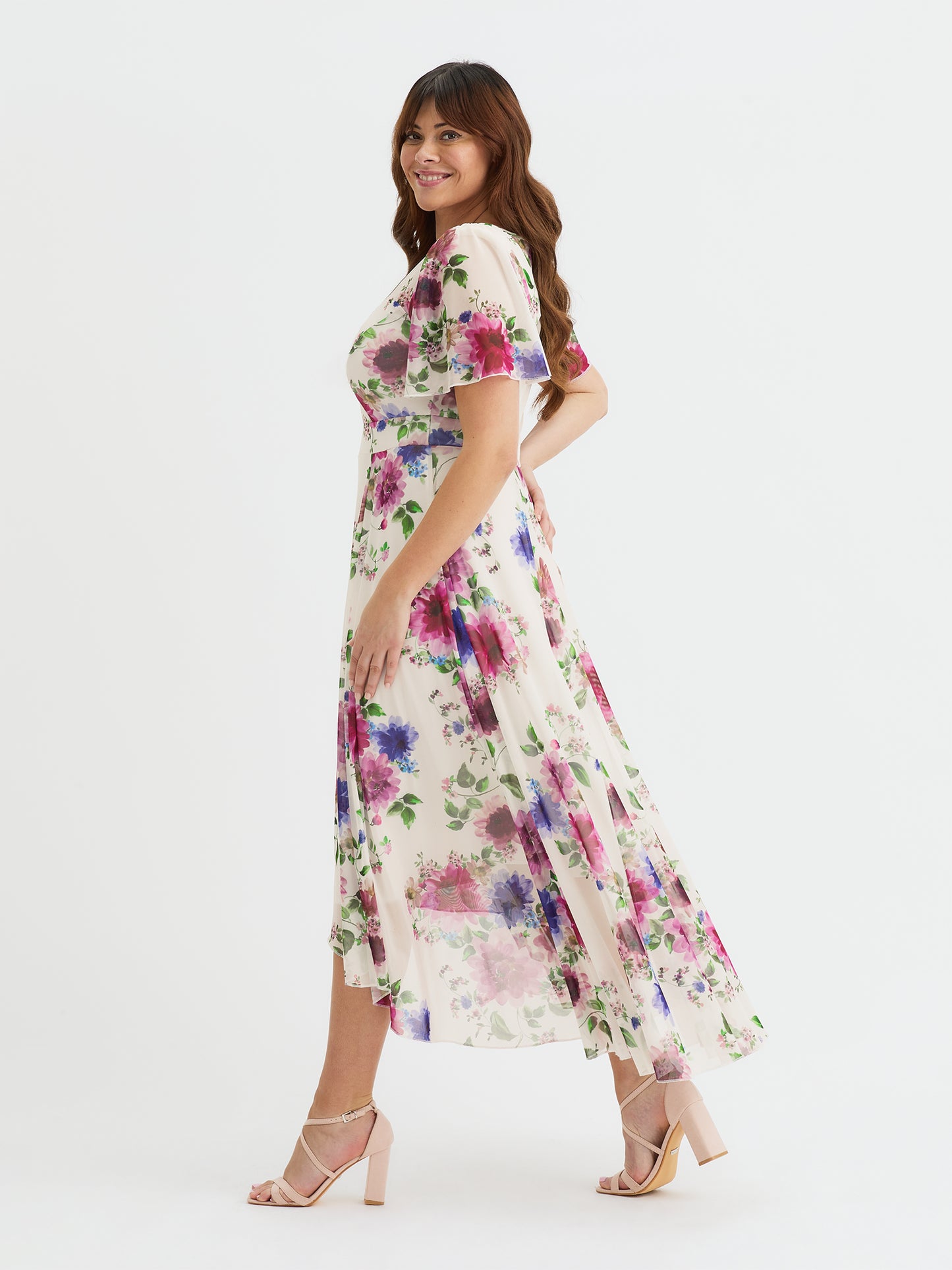 Tilly Cream Pink Multi Print Angel Sleeve Sweetheart Dress