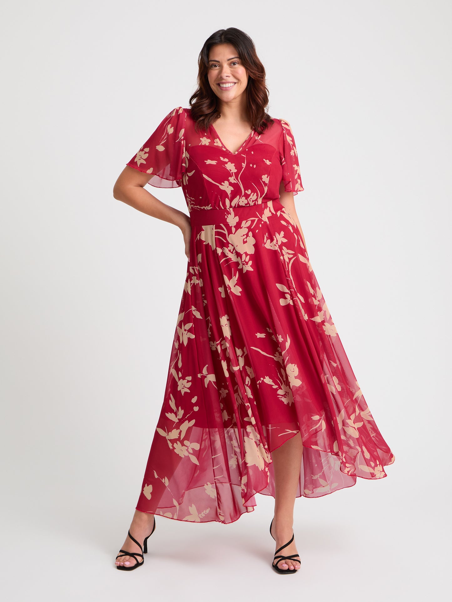 Tilly Red Cream Angel Sleeve Sweetheart Dress