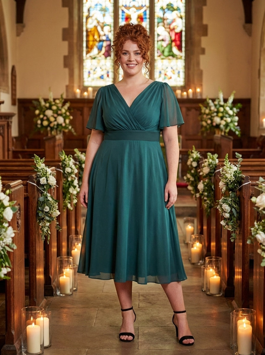 Victoria Solid Bottle Green Angel Sleeve Mesh Midi Dress