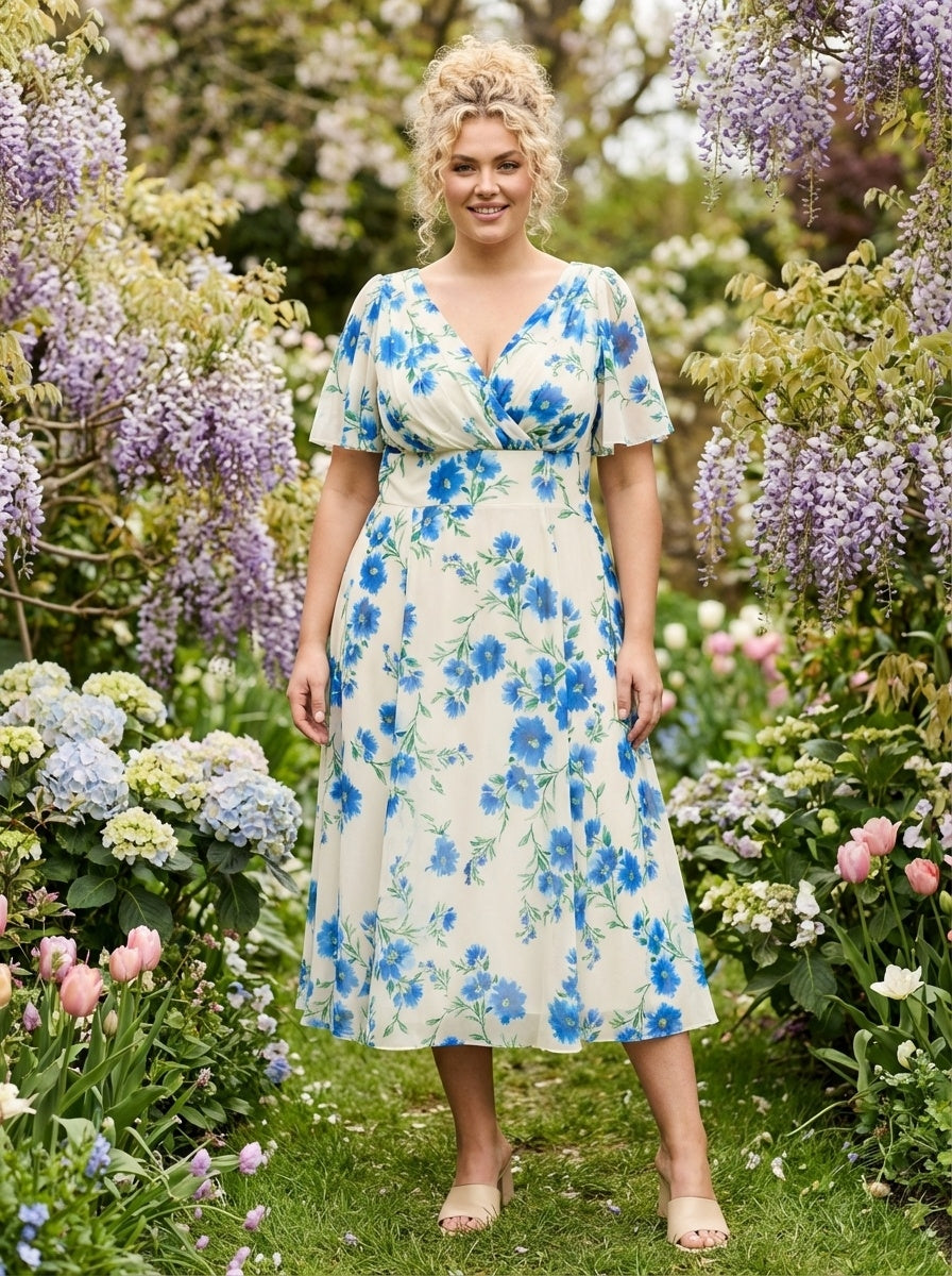 Victoria Ivory Blue Angel Sleeve Mesh Long Midi Dress