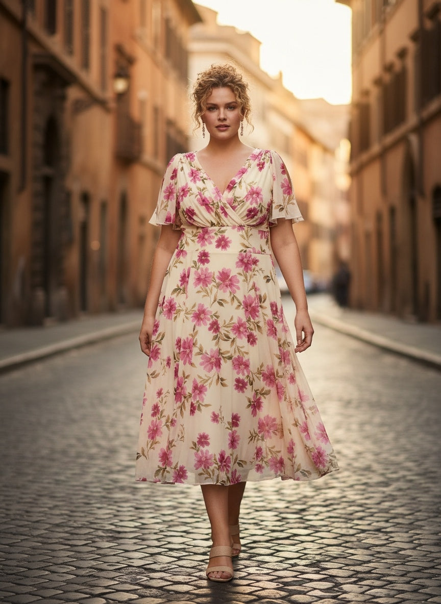 Victoria Ivory Pink Angel Sleeve Mesh Long Midi Dress