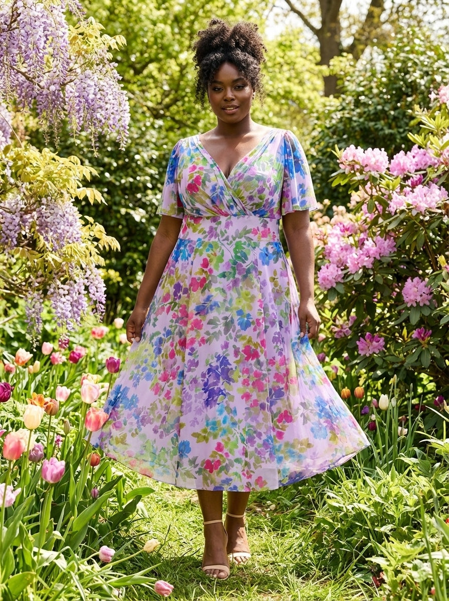 Victoria Lilac Multi Angel Sleeve Mesh Long Midi Dress