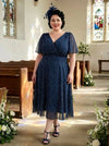 Petite Victoria Navy Cream Dot Angel Sleeve Mesh Long Midi Dress