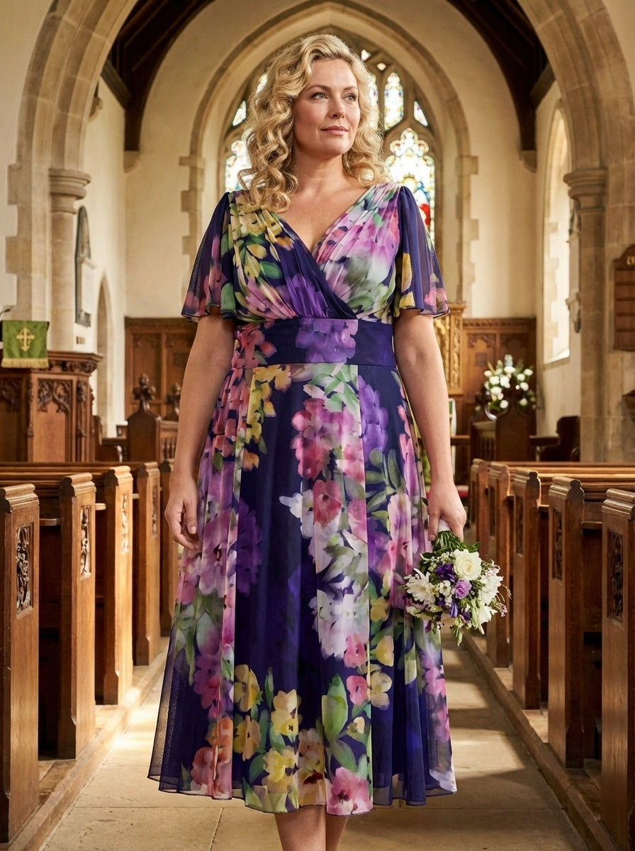 Victoria Navy Purple Multi Angel Sleeve Mesh Long Midi Dress