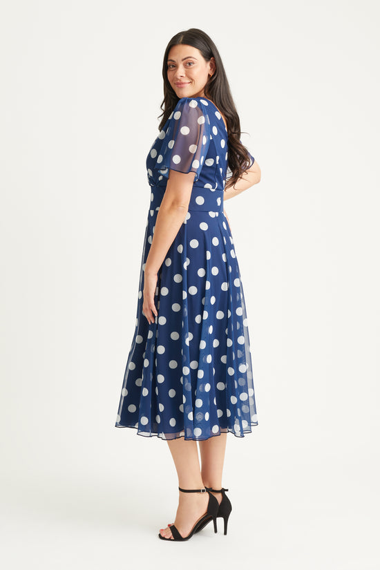 Load image into Gallery viewer, Victoria Navy Spot Angel Sleeve Mesh Long Midi Dress
