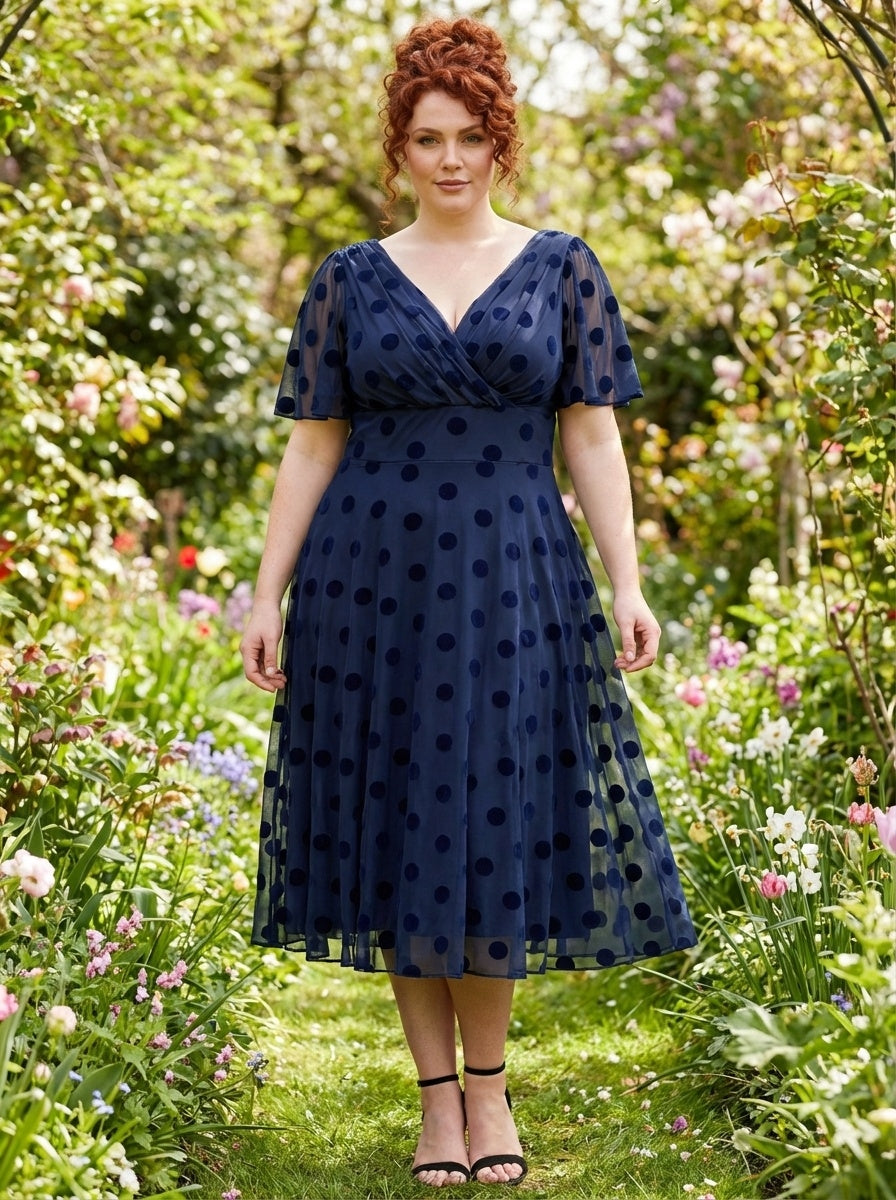 Victoria Dark Navy Velvet Flock Angel Sleeve Mesh Long Midi Dress